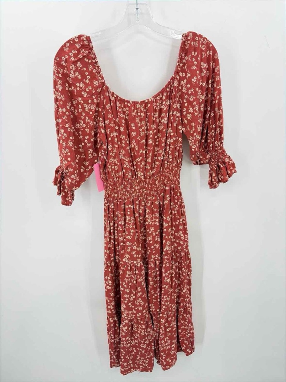 NWT Indigo Rose Floral Puff-Sleeve Square Neck Dress in Rust
